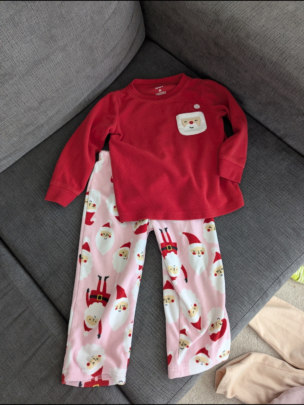 Kids Red Santa Pocket Top & Pink Santa Print Pajama Set
